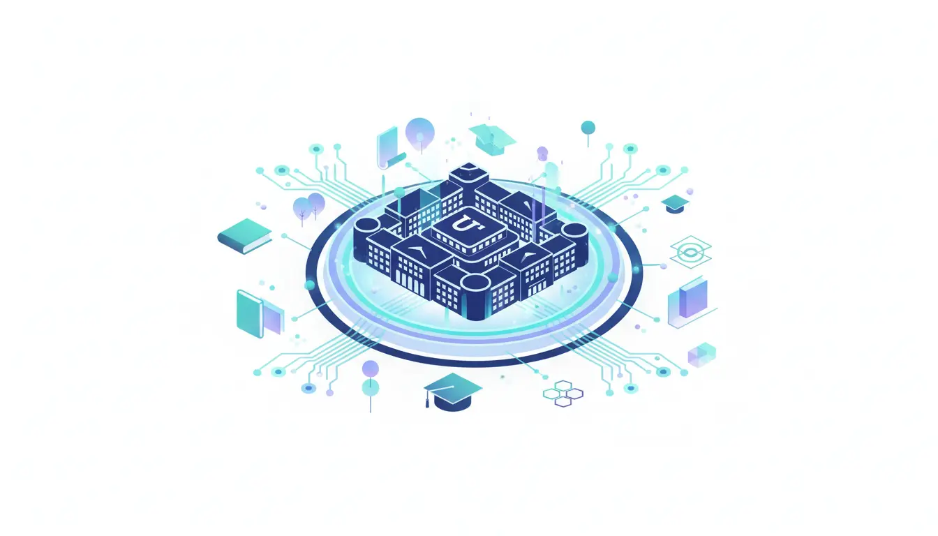 Abstract illustration of higher education institutions integrating AI and LLM competencies into curricula