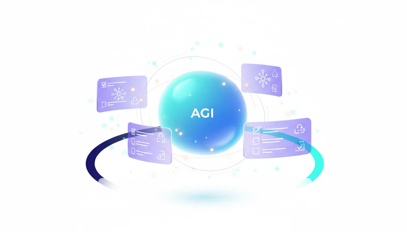 Central sphere labeled AGI surrounded by floating cards with checklists and icons, representing an operational framework for verification.
