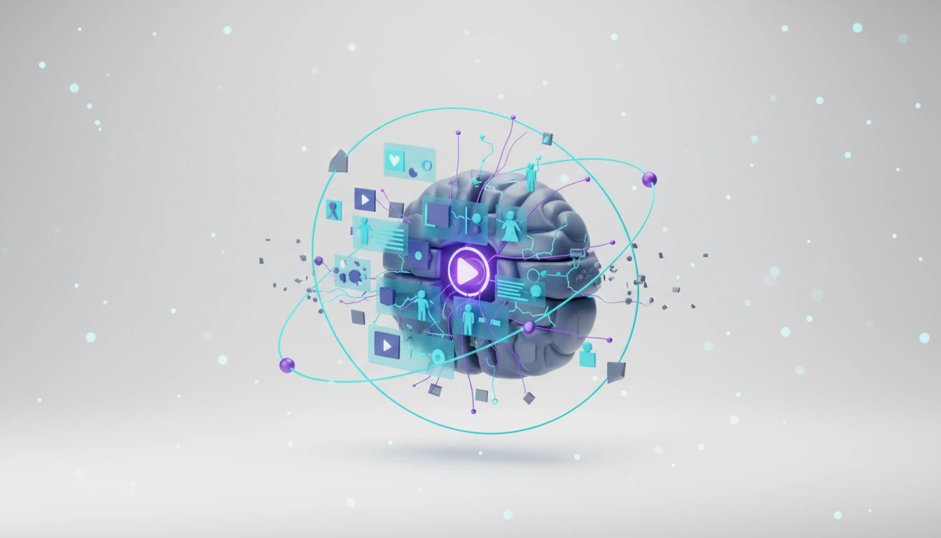 Abstract 3D illustration with a glowing cyan core on a light studio background, representing Best Video Model Scores Just 51% on Visual Reasoning Tasks, VGI-Bench