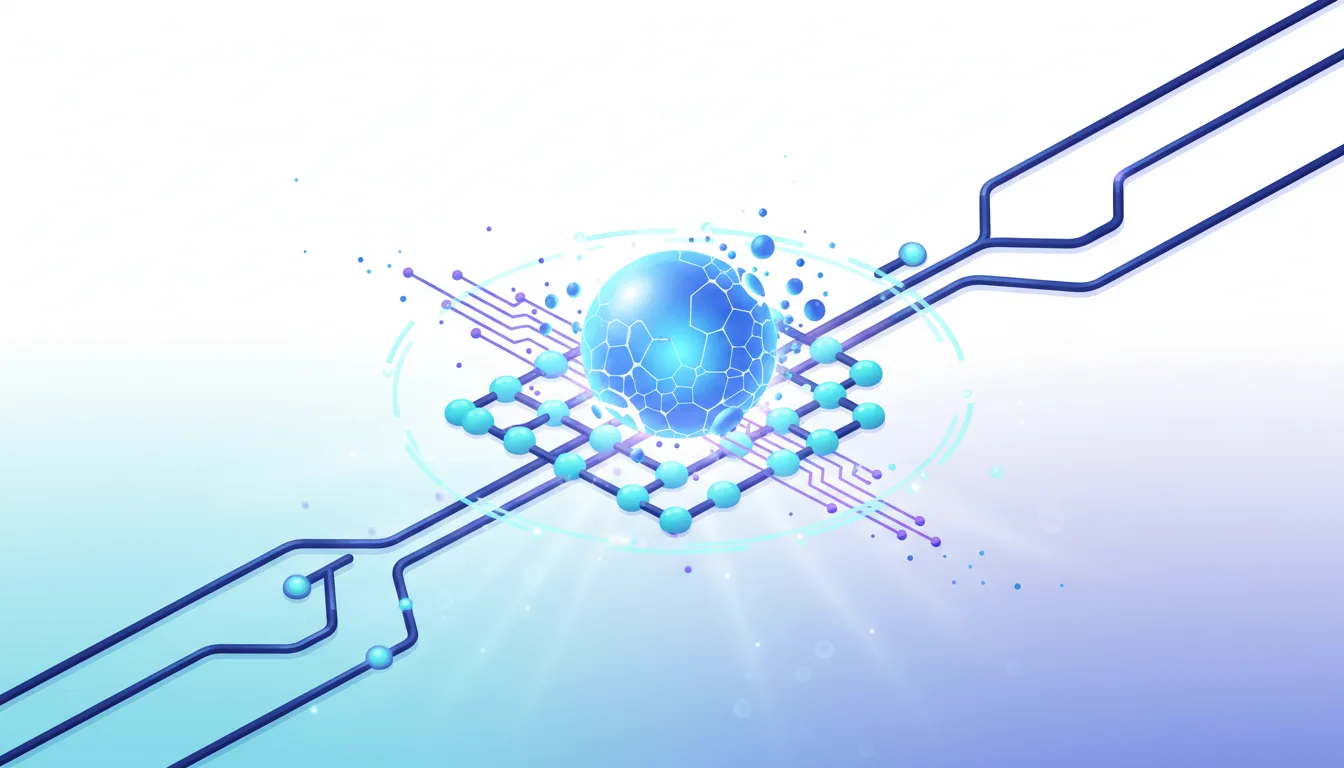 Abstract illustration of a glowing blue sphere on a circuit board, representing AI development and verification.