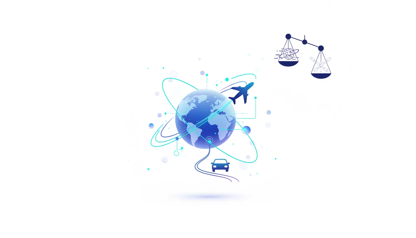 Abstract illustration of a globe with orbiting lines connecting an airplane and a car, symbolizing global connectivity and AI development, with scales of justice in the background.