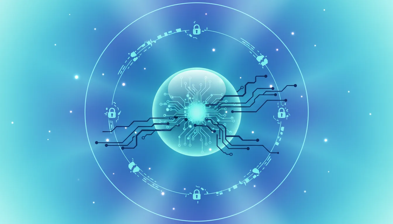 Abstract digital art depicting a glowing circuit board within a sphere, surrounded by concentric rings with lock icons, symbolizing AI security and data protection.