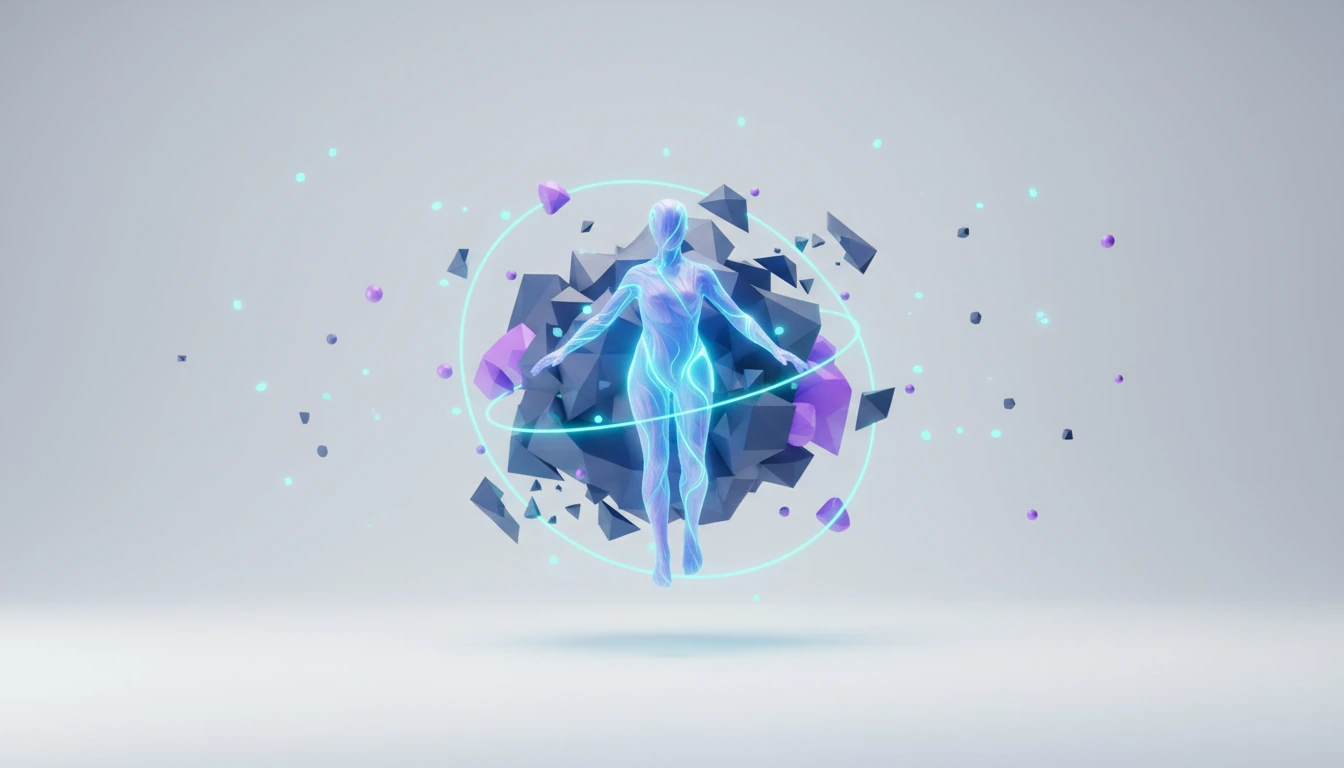 A luminous, adaptable avatar seamlessly blending with a real-time changing digital scene.