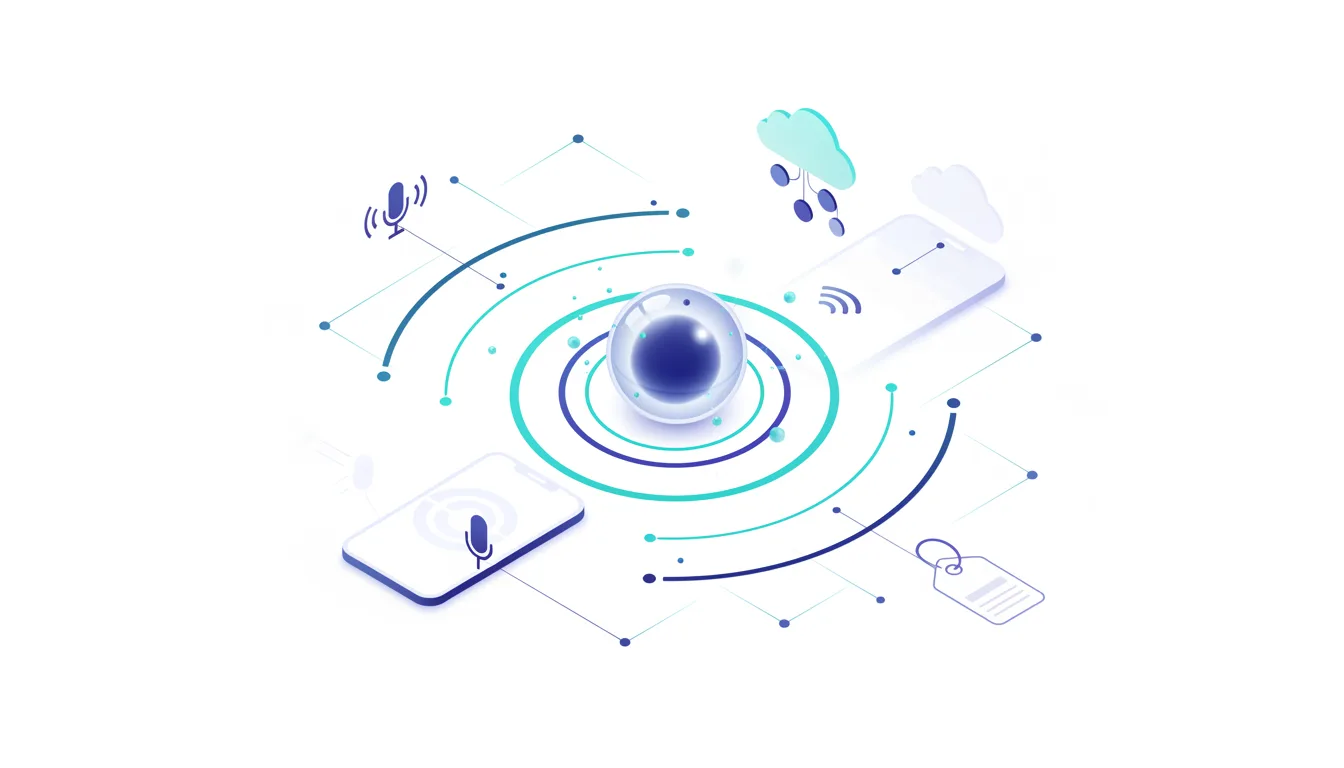 Isometric illustration of smartphones, microphones, and cloud icons connected by network lines, symbolizing real-time voice AI and mobile edge computing.