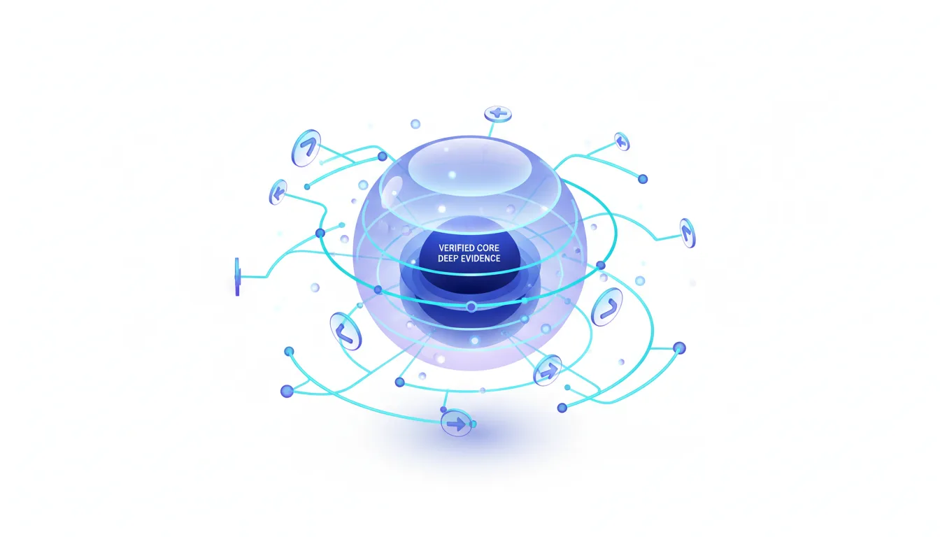Abstract visualization of a glowing blue sphere with layers labeled Verified Core Deep Evidence, connected by light blue lines and nodes.
