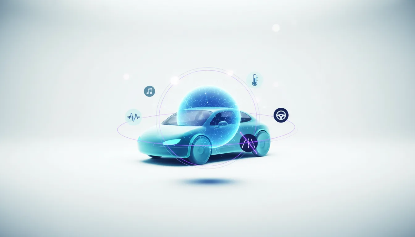Futuristic autonomous car with glowing AI interface and icons for music, temperature, and steering, representing integrated AI technology.