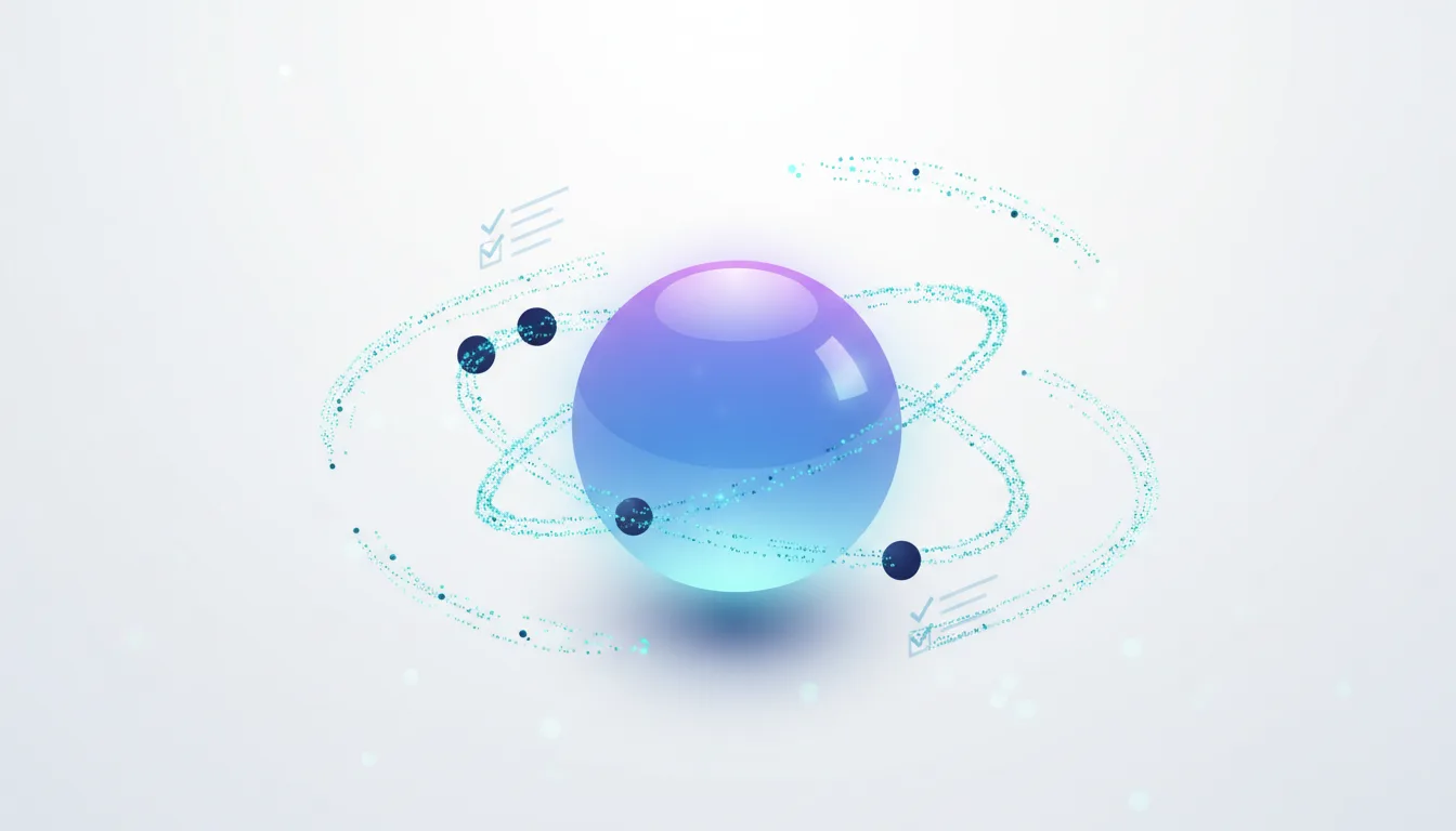 Abstract atom model with glowing nucleus and orbiting particles, representing AI governance and compliance checklists.