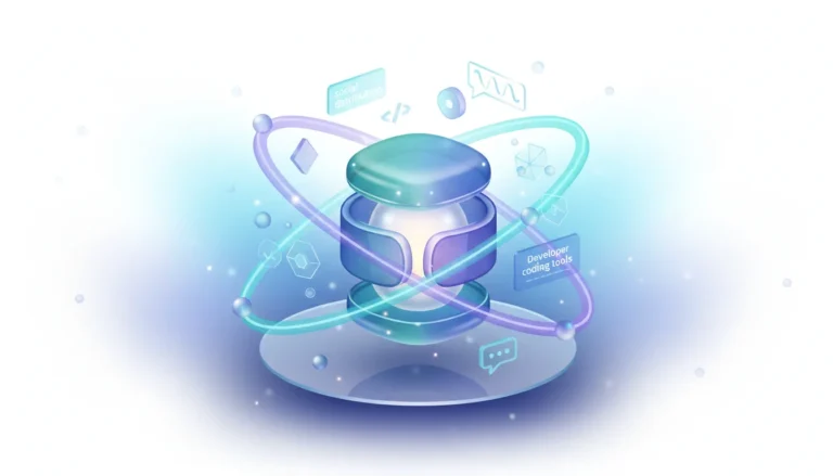 Abstract 3D rendering of a central glowing core surrounded by orbiting rings and icons representing social distribution and developer coding tools.