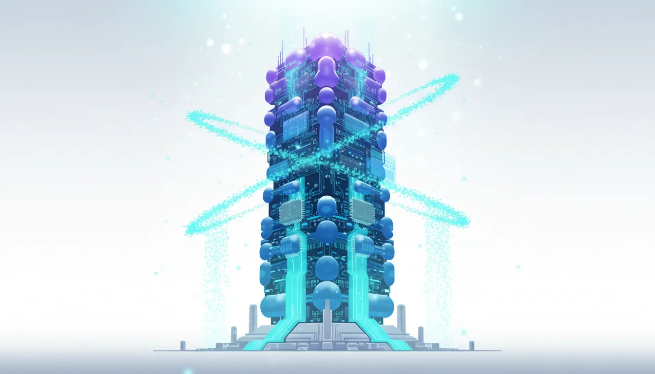Futuristic tower structure representing AI compute infrastructure with glowing blue circuits and purple accents.