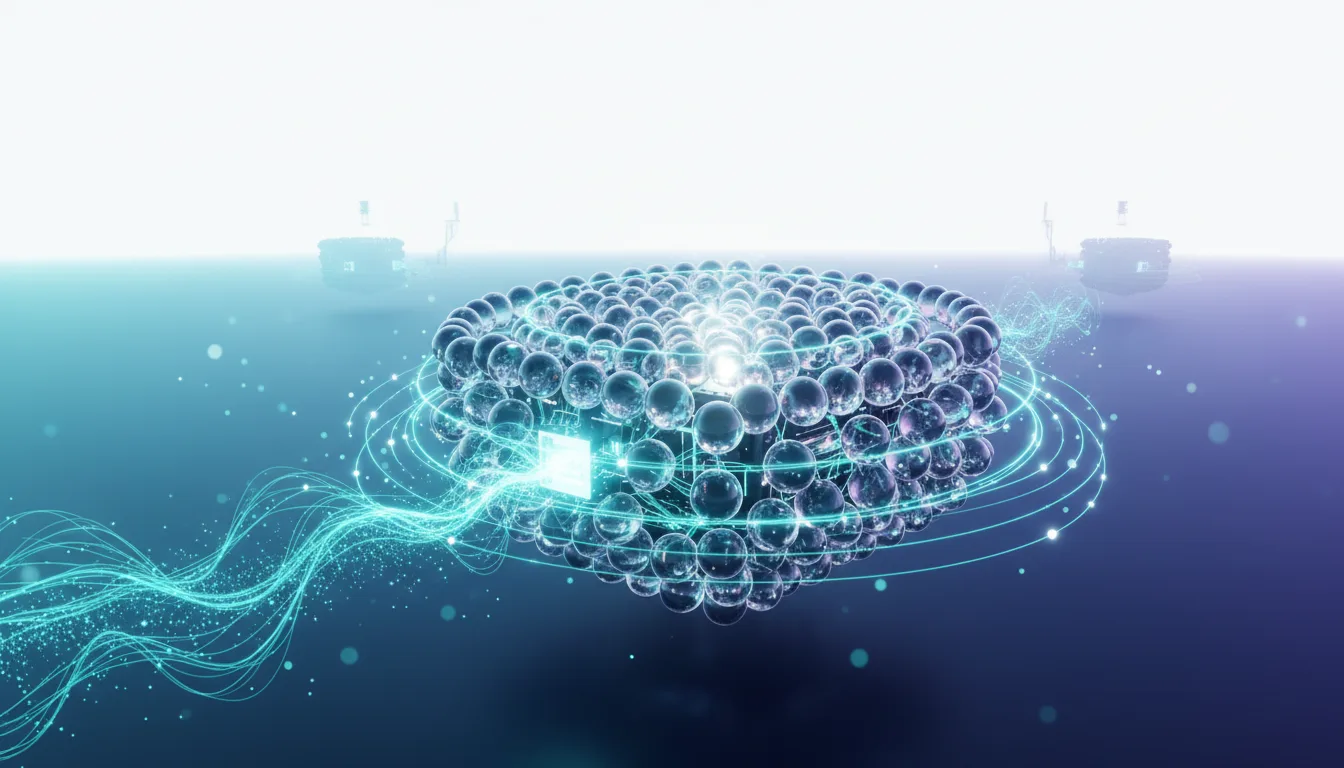 Abstract representation of a neural network or AI core with interconnected spheres and a central processor, surrounded by glowing energy streams and distant futuristic structures.