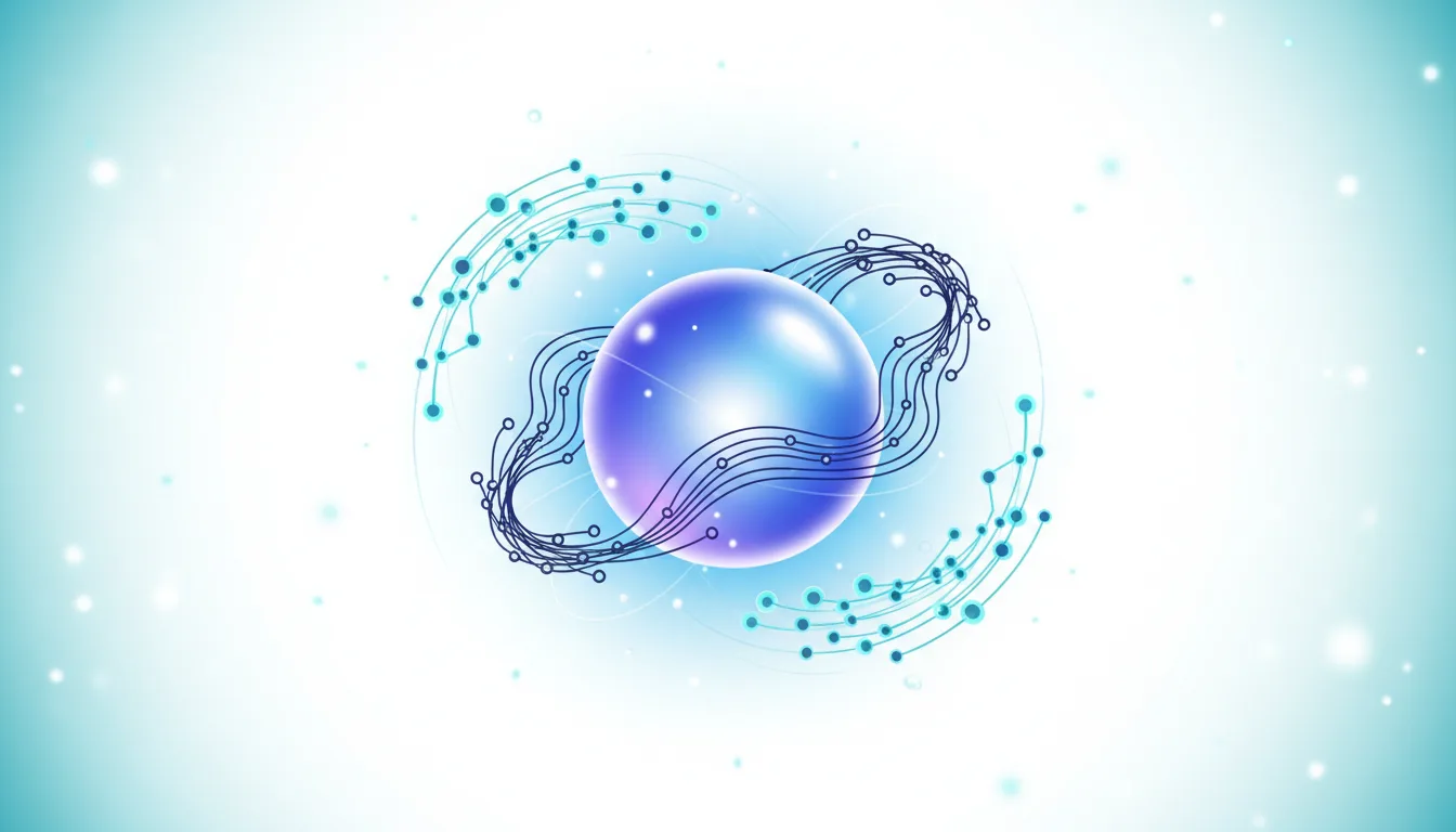 Abstract illustration of a glowing blue sphere surrounded by interconnected digital circuits and nodes, symbolizing AI integration and data flow.