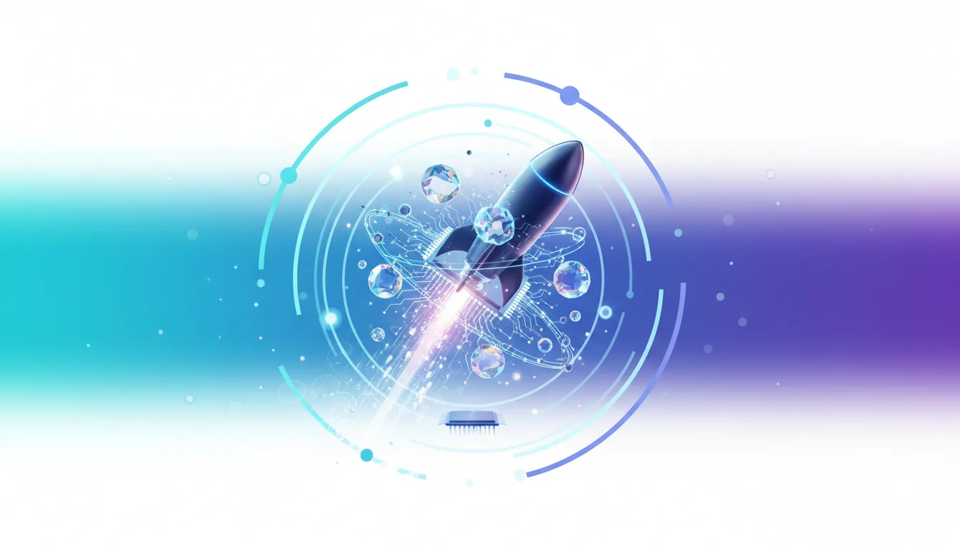 Rocket launching from a circuit board with atomic structures and glowing orbs, symbolizing AI innovation and growth.