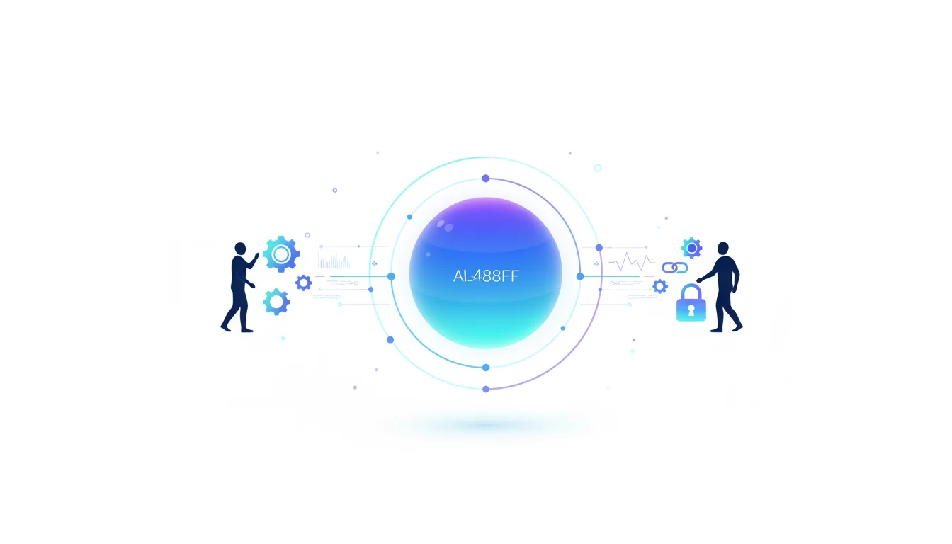 Abstract visualization of AI processing with a central sphere labeled AI488FF, surrounded by data streams, gears, and human figures representing input and security.