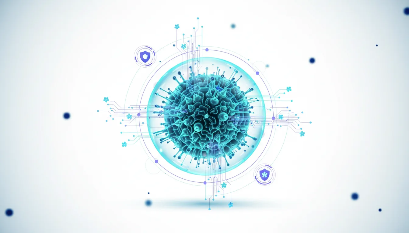 Abstract digital representation of a virus or AI core surrounded by protective circuitry and security icons.