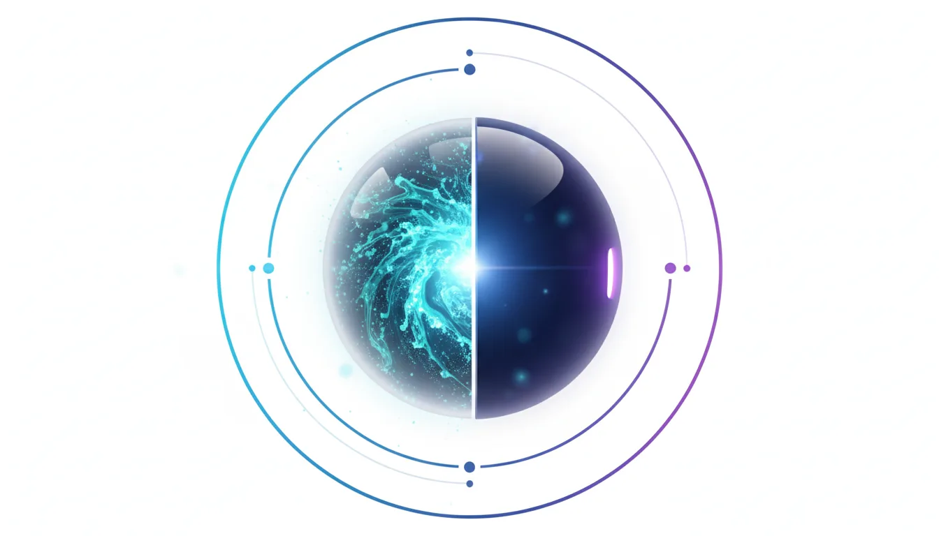 Abstract sphere split into two halves, one with a bright blue energy swirl, the other dark blue, symbolizing AI safety restrictions.