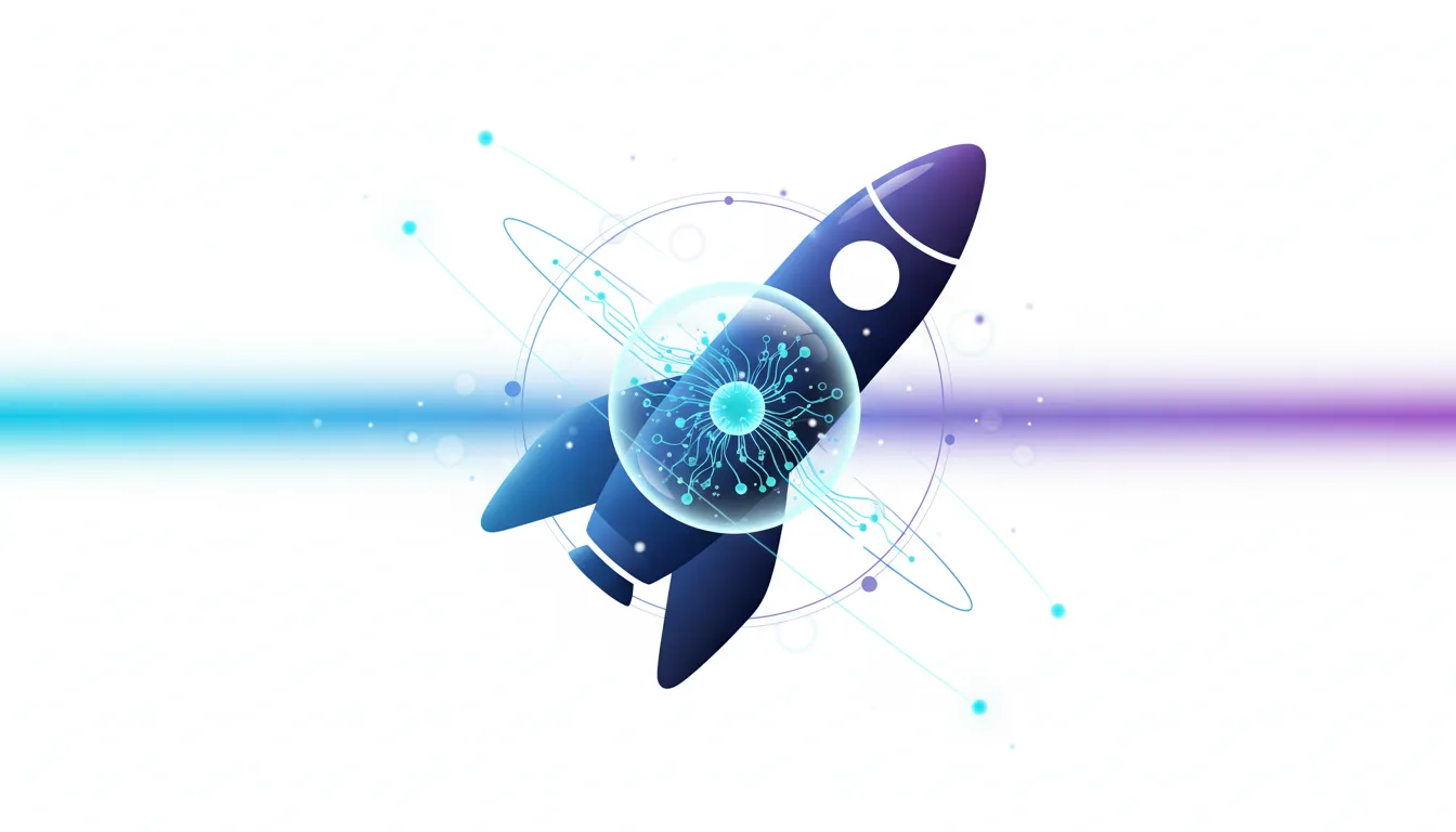 Stylized rocket ship with a glowing AI circuit core, symbolizing xAI's integration with SpaceX and advanced technology.