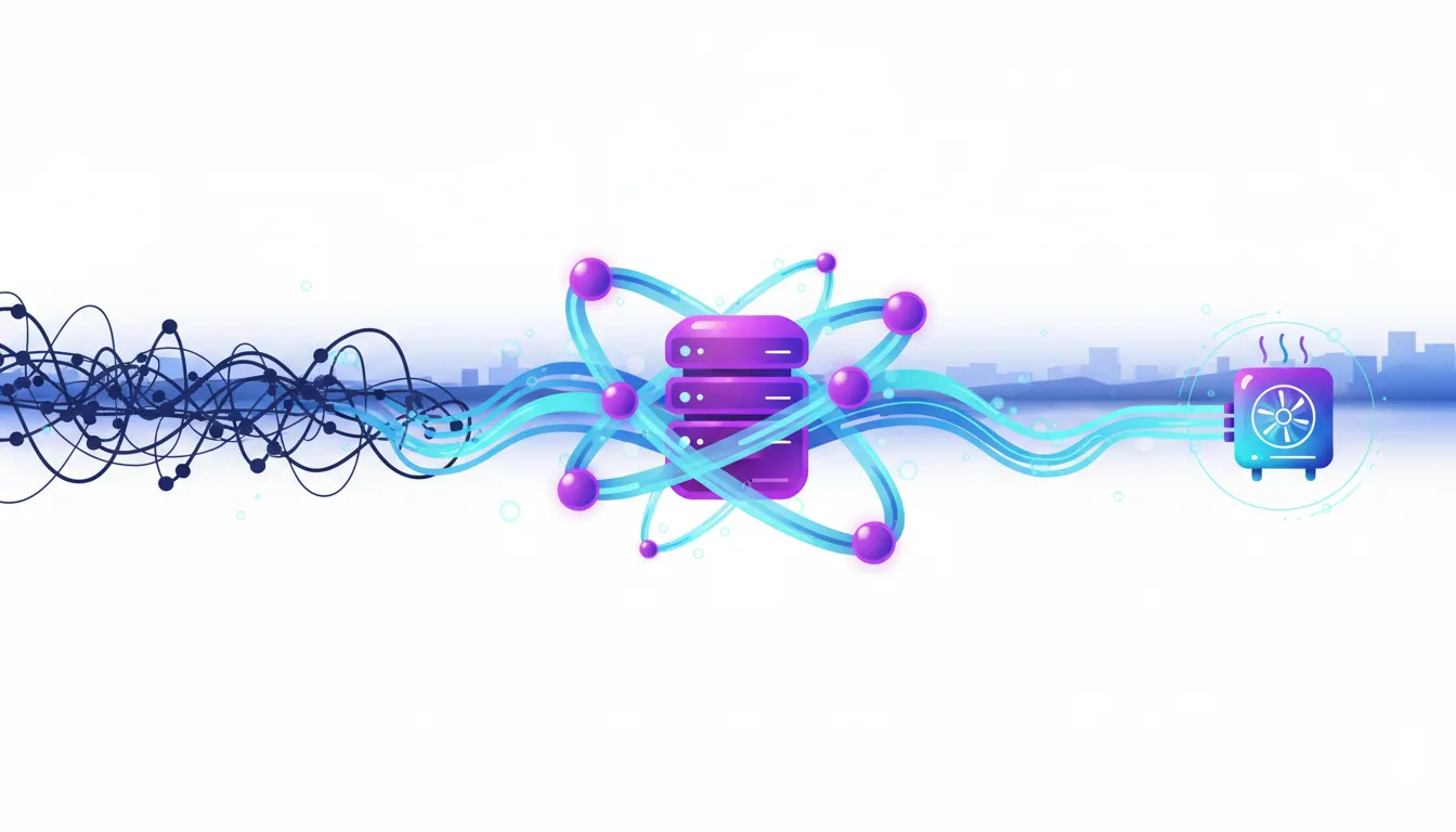 Abstract illustration of a purple server rack at the center of an atomic structure with blue energy waves connecting to a fan on the right.