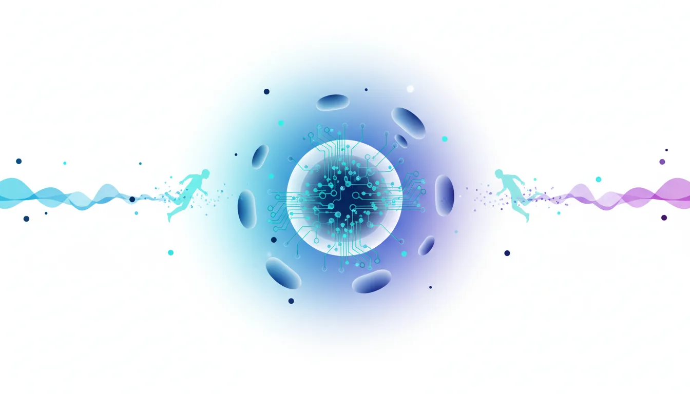 Abstract representation of AI development with a central circuit board core, surrounded by oval shapes and two human figures running towards or away from it.