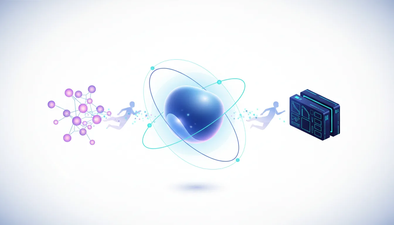 Abstract representation of AI talent moving from molecular structures and a central core to server racks, symbolizing industry shifts.
