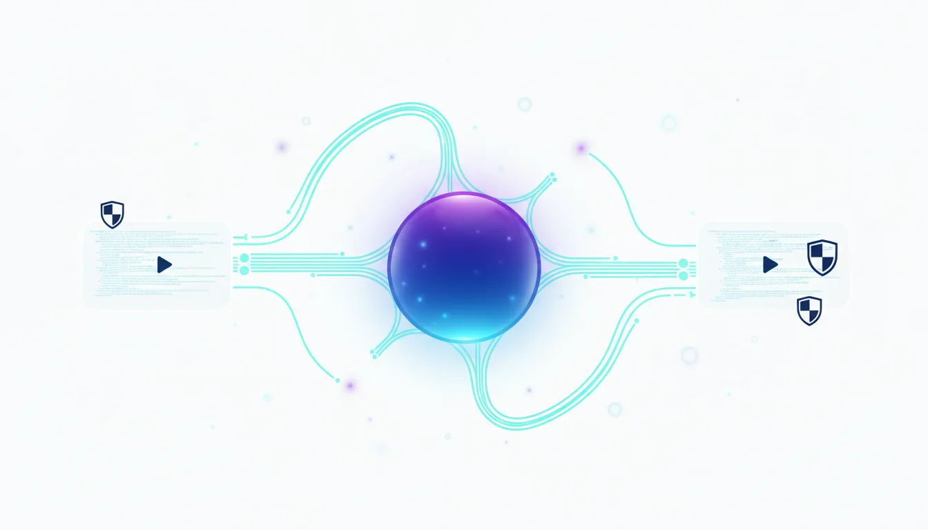 Abstract visualization of AI data processing with a central glowing sphere and connecting digital pathways, representing text-to-video generation.