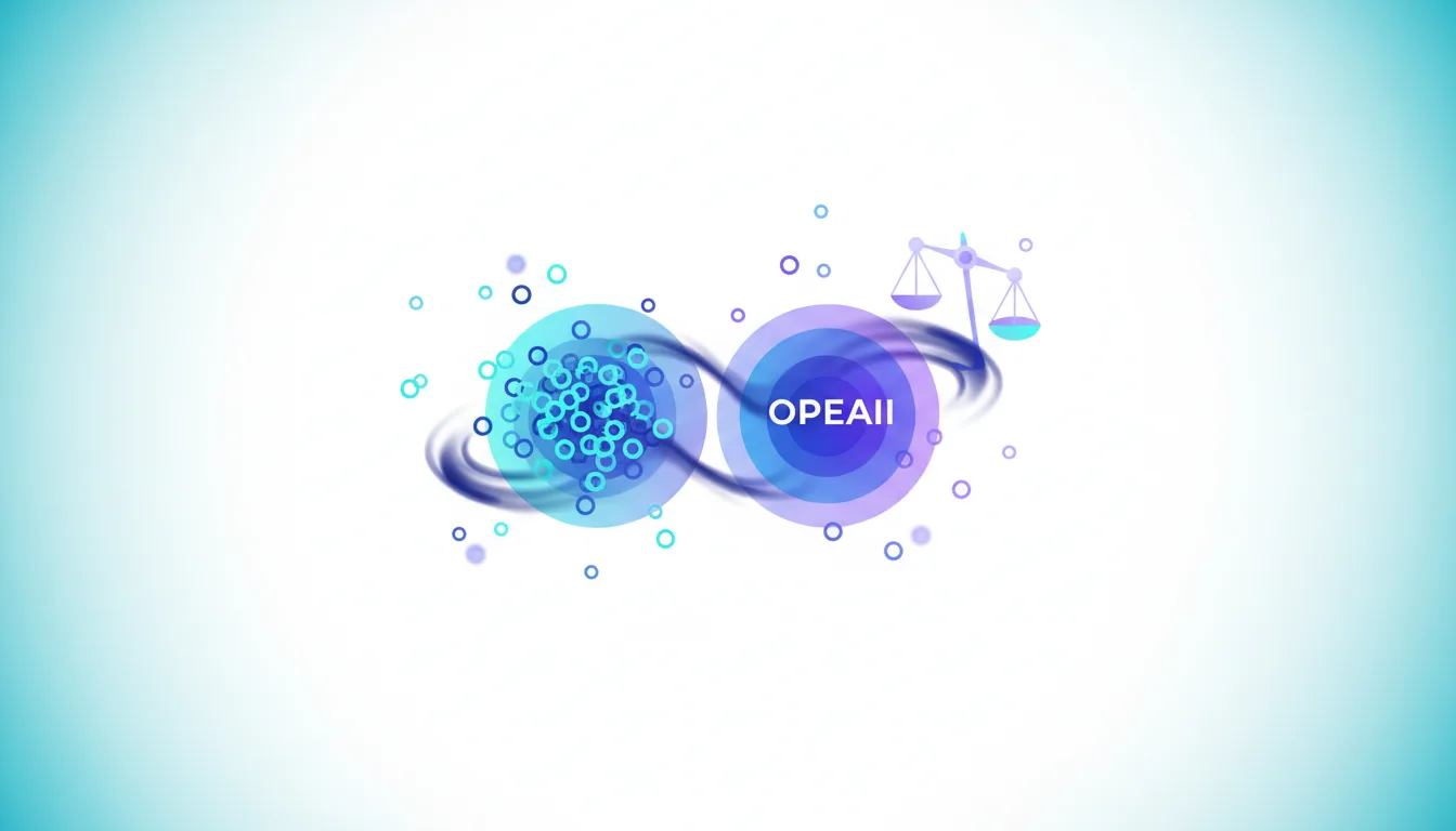 Abstract representation of OpenAI with a balance scale symbolizing governance and ethical considerations.