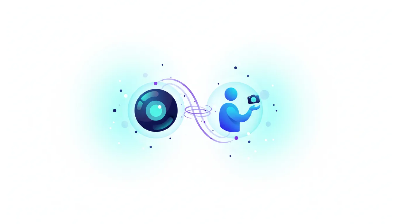 Abstract illustration showing a camera lens connecting to a person holding a camera, symbolizing AI-driven creator matching on YouTube.