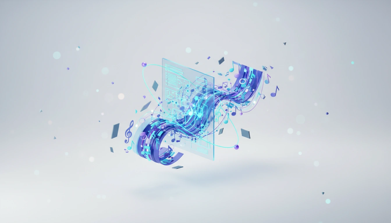 A blueprint of musical notes transforming into a flowing, harmonious stream of sound.