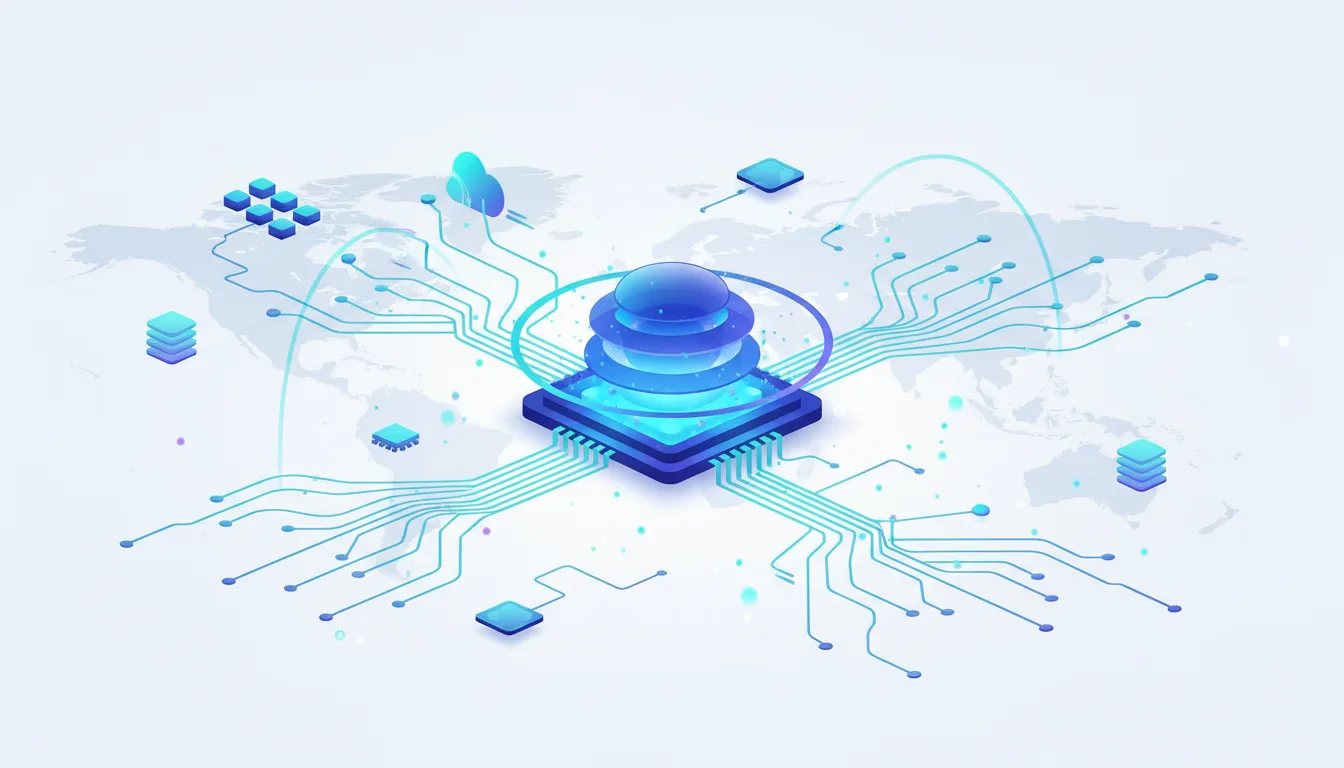Abstract illustration of a central processor chip connected by glowing blue circuits to various nodes and a world map background, symbolizing AI network and global reach.