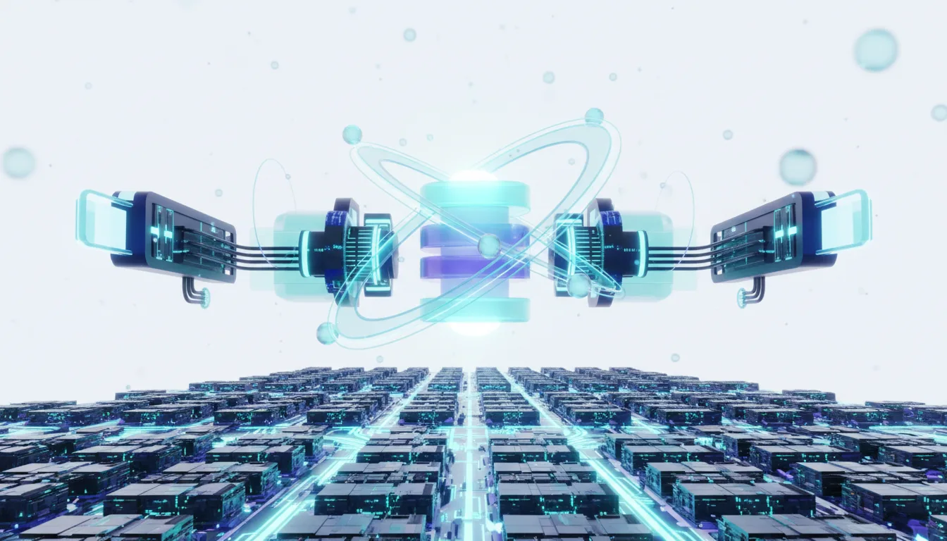 Abstract representation of advanced AI compute infrastructure with glowing processors and interconnected nodes symbolizing data flow and processing power.
