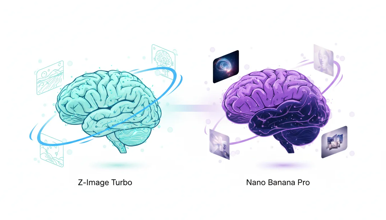 Z-Image Turbo and Nano Banana Pro AI models represented by stylized brains, showcasing image generation capabilities.