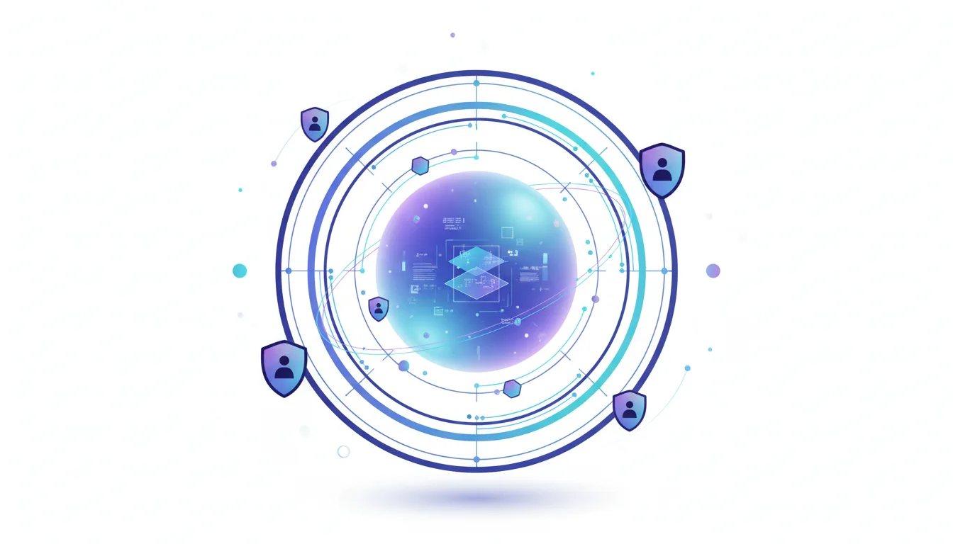 Abstract visualization of a secure AI system with concentric circles, shield icons, and a glowing central sphere representing verifiable inference.