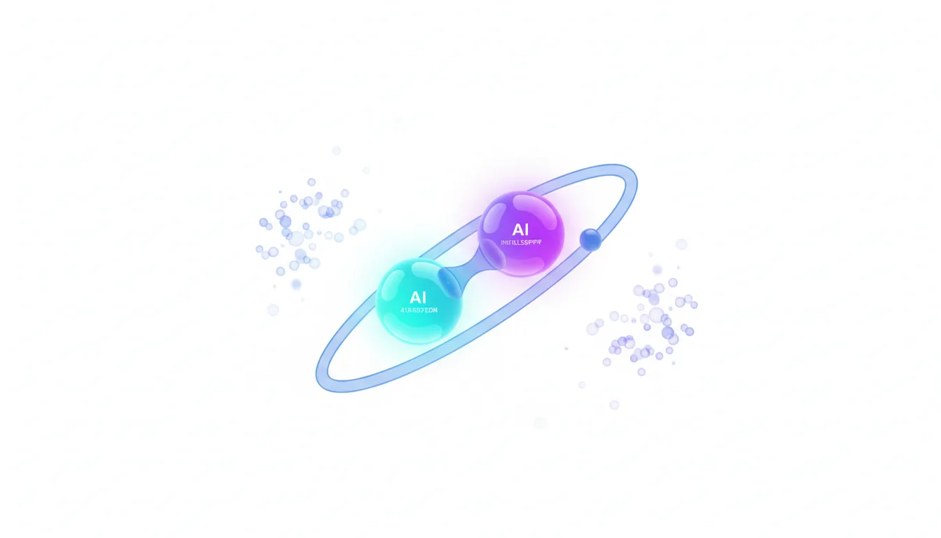 Abstract representation of AI with two glowing spheres labeled AI connected and orbiting a blue ellipse, symbolizing artificial intelligence development.