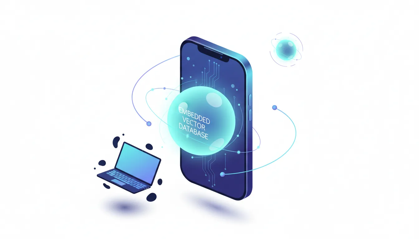 Smartphone and laptop connected to a glowing sphere labeled Embedded Vector Database, illustrating on-device AI capabilities.