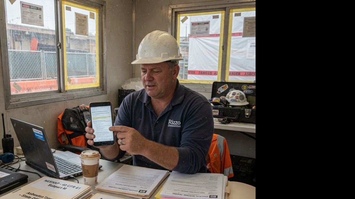 Asbestos abatement contractor drafts a proposal with NESHAP notification lines on his phone after a commercial walk-through