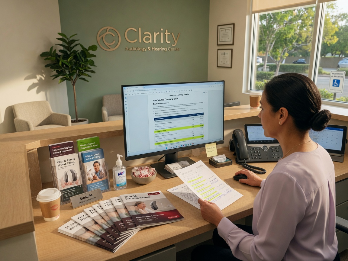 Hearing clinic front desk staff reviews hearing aid benefit summary notes on a monitor before afternoon consult rush