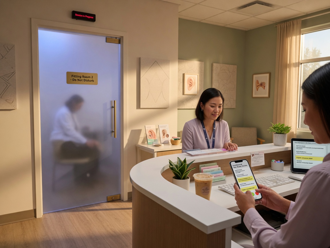 Hearing clinic front desk staff reviews a new hearing eval call summary on her phone while patients check in at the reception desk