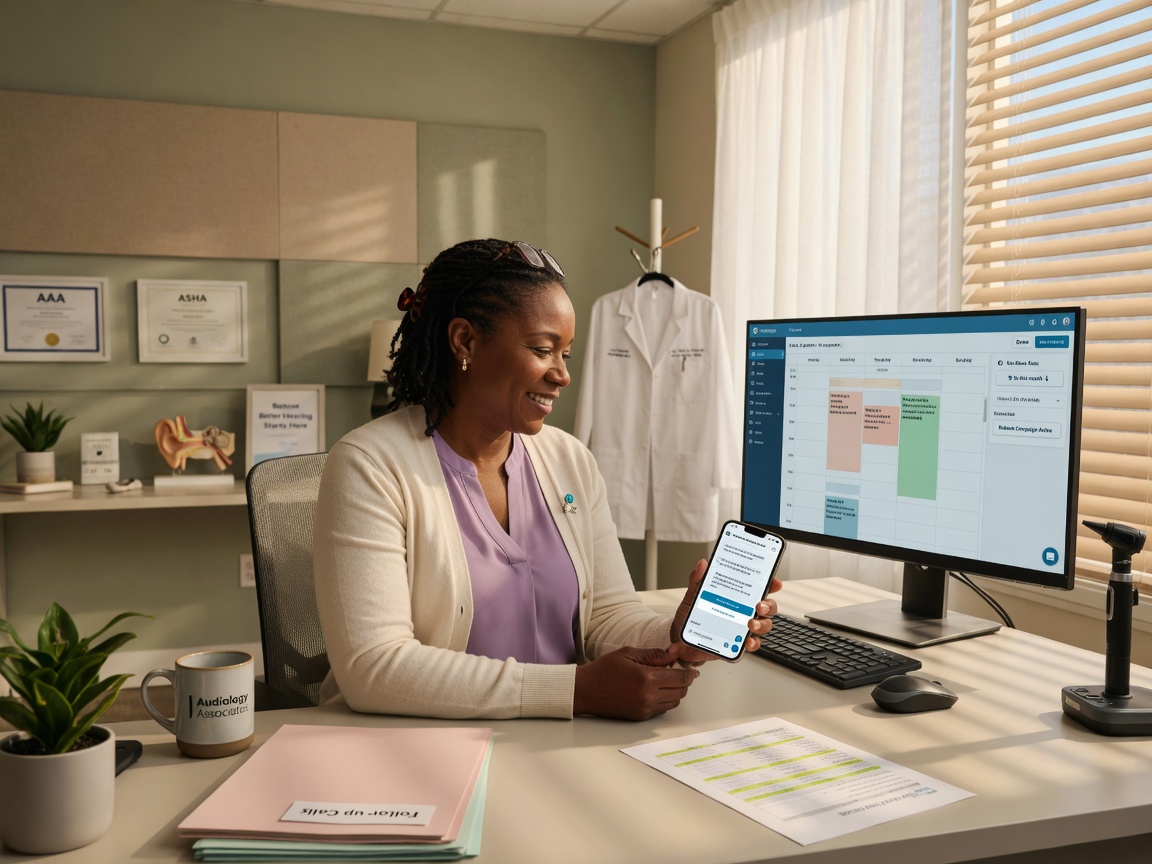 Hearing clinic manager reviews a no-show rebook campaign summary on her phone beside an open fitting room