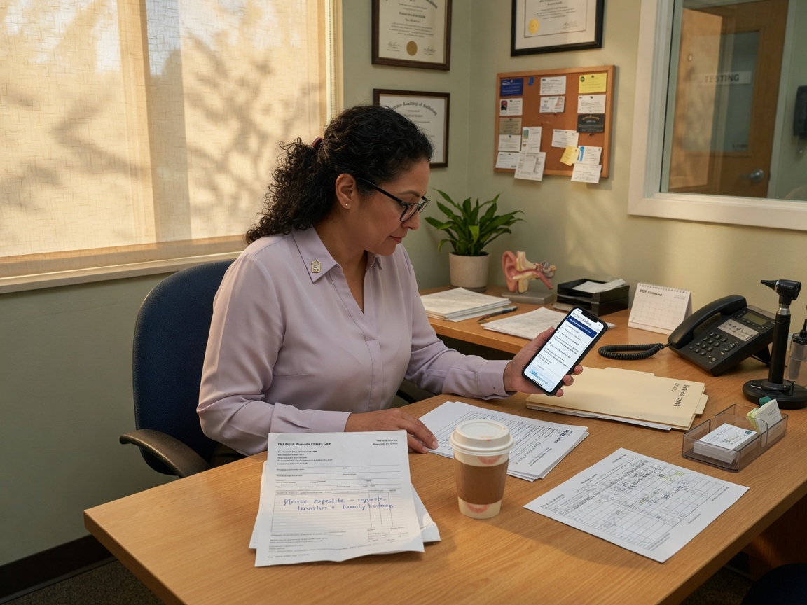 Hearing clinic owner reviews a PCP referral lead summary on her phone between fitting appointments