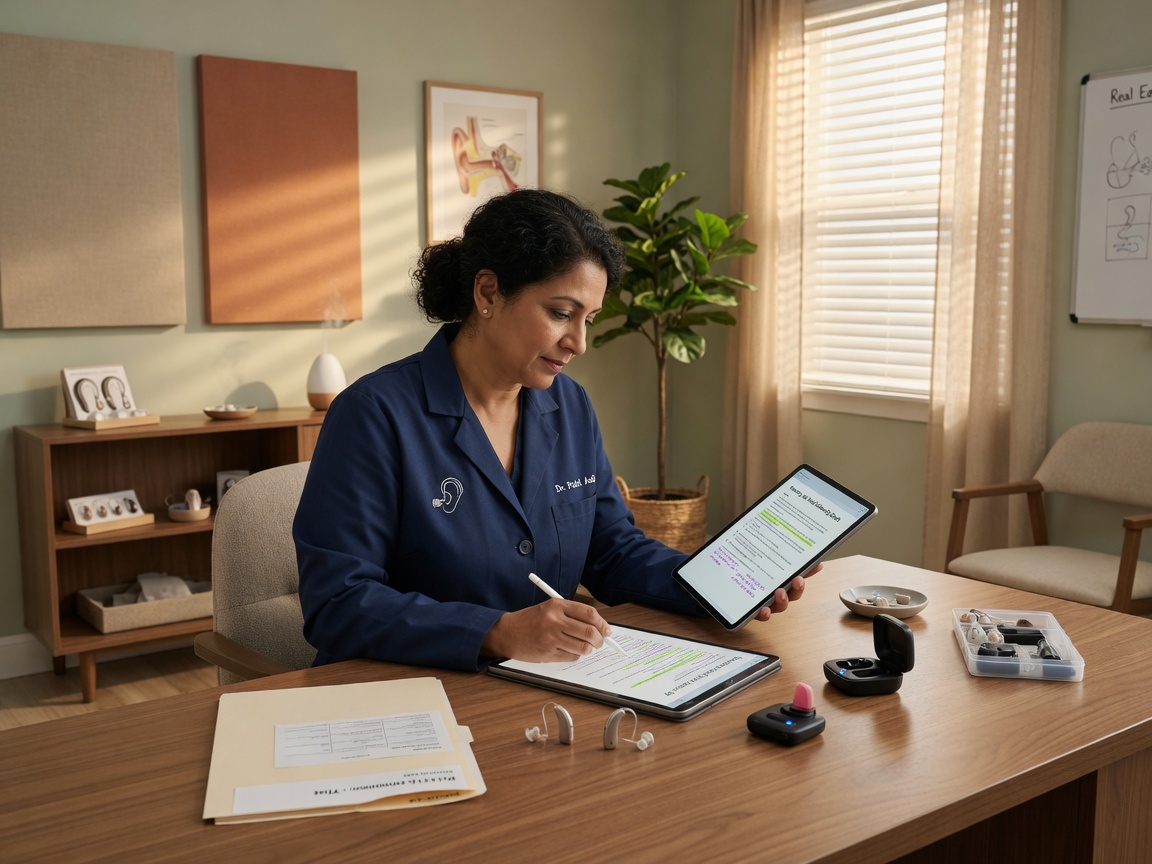 Audiologist reviews a hearing aid trial follow-up draft on a tablet between fitting appointments