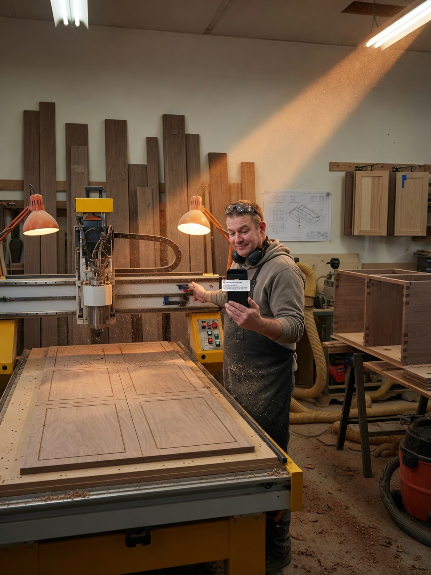 Cabinet shop owner reviews a showroom inquiry brief on his phone beside a CNC router