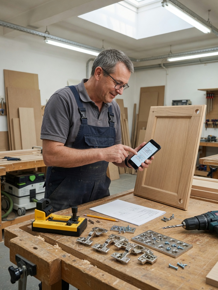 Joiner checks hinge boring specs on his phone at a cabinet assembly bench