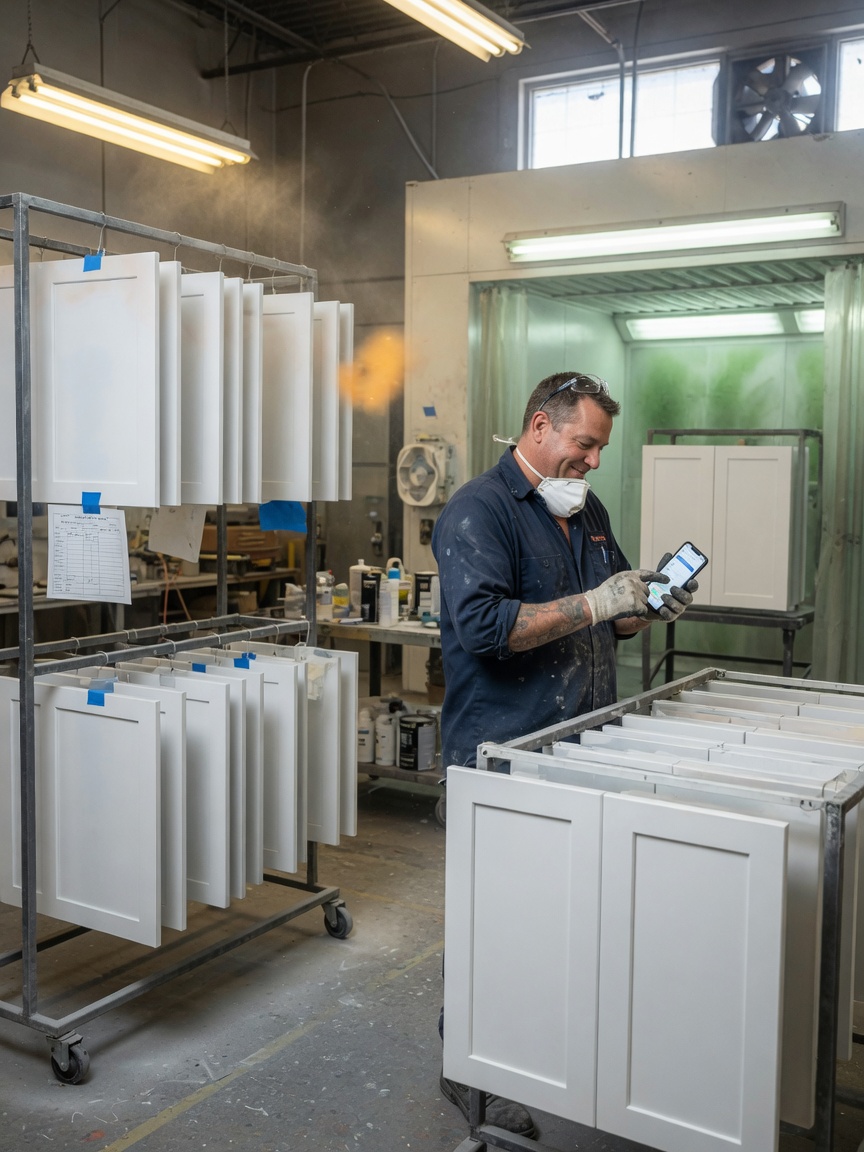 Cabinet maker reviews a web inquiry summary on his phone between spray-booth runs