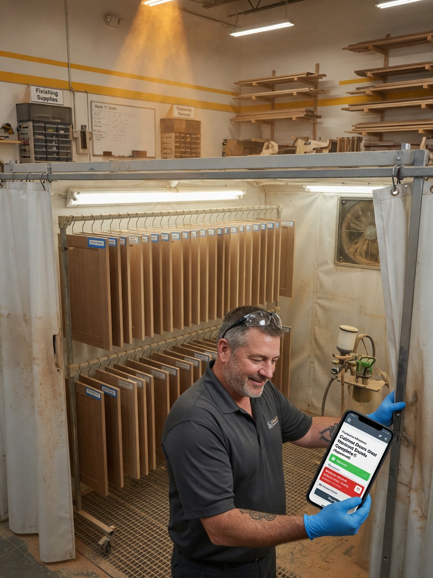 Shop foreman reviews a production milestone update draft on his phone