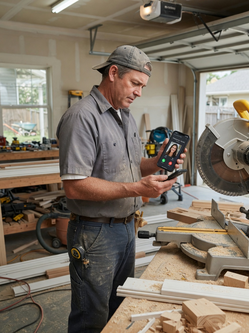 Finish carpenter reviews a remodel inquiry brief on his phone beside a miter saw