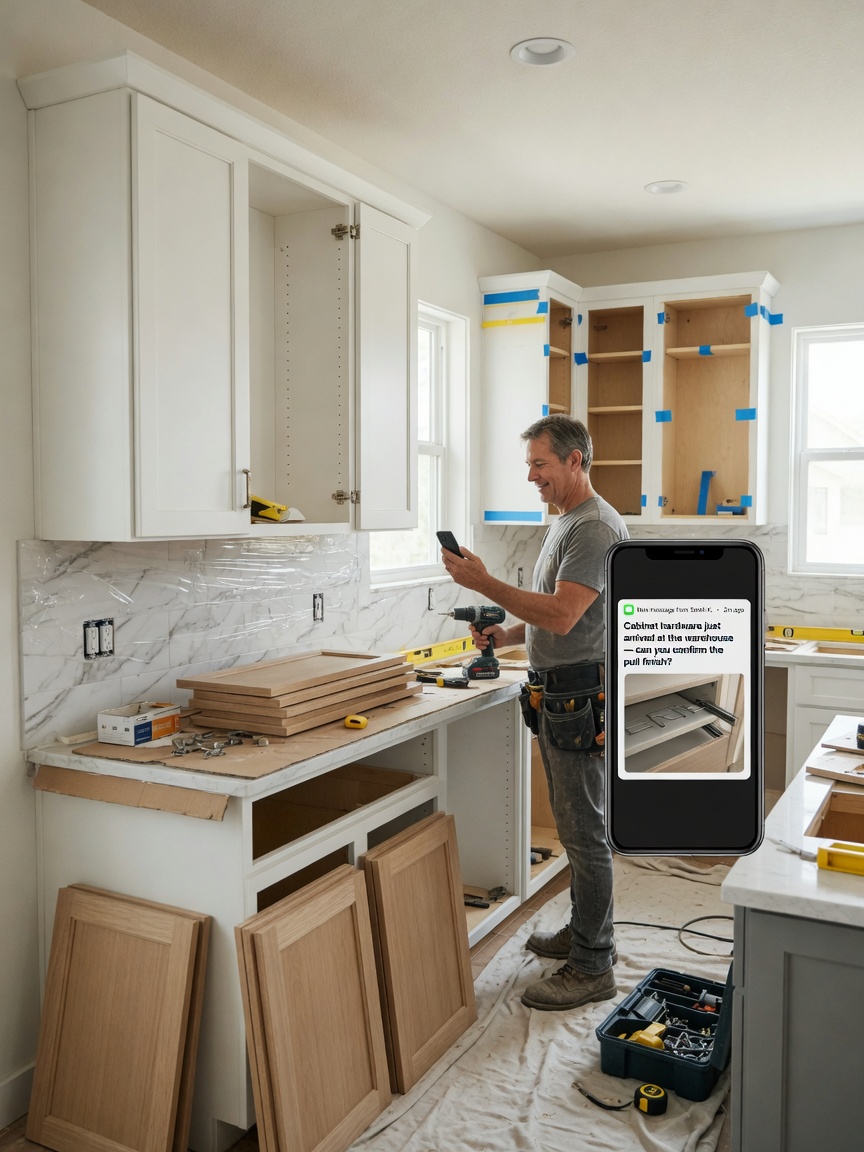 Carpenter responds to a Houzz remodel lead on his phone between cabinet installs