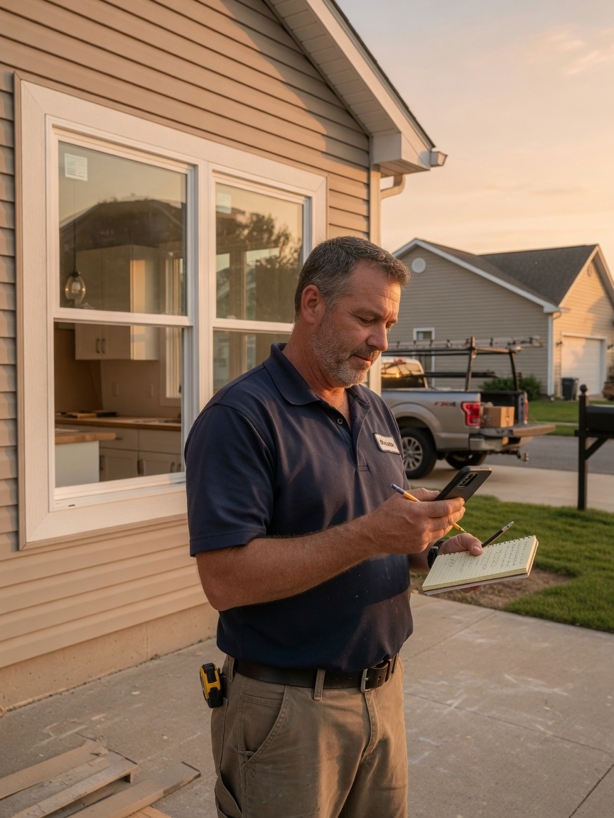 Carpenter drafts a kitchen cabinet estimate on his phone outside a remodel walkthrough