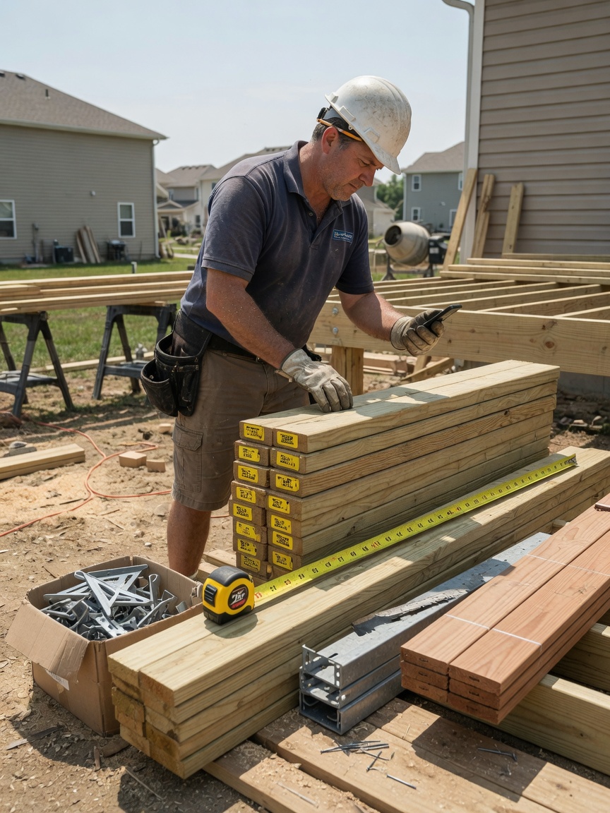 Carpenter checks lumber specs and a cut list on his phone at a job site lumber pile