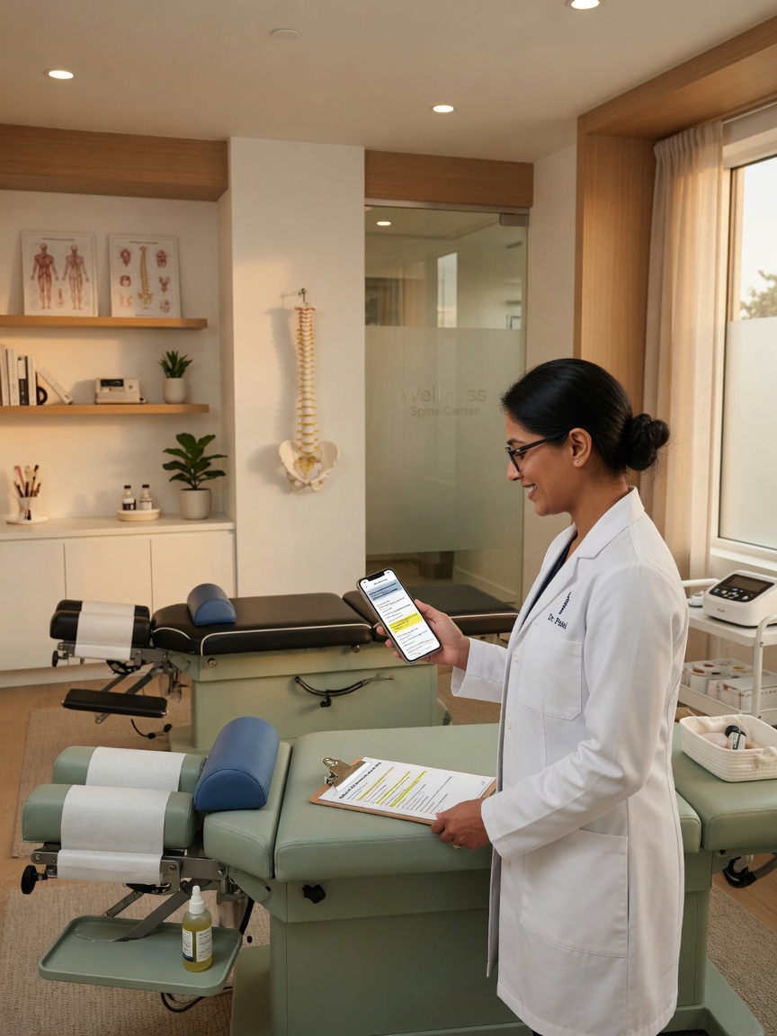 Chiropractic office manager reviews a new-patient call summary on her phone while patients wait in the adjustment area