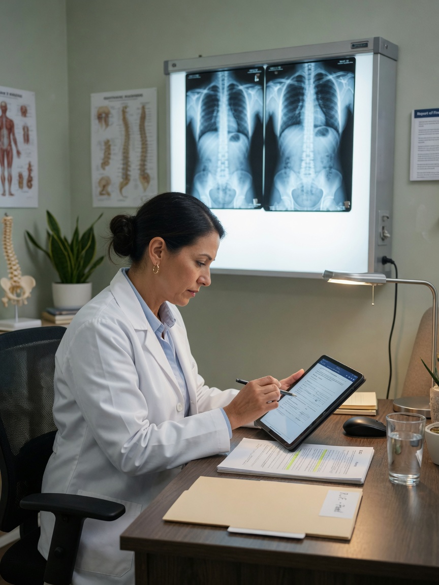 Chiropractor reviews an unsigned care plan follow-up draft on a tablet between adjustment rooms