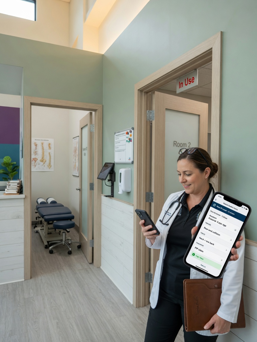 Chiropractor reviews a PI web intake lead summary on his phone between adjustment blocks